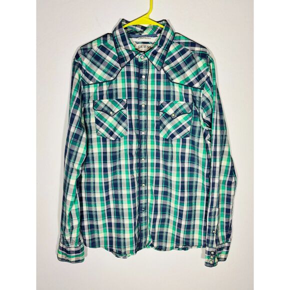 GUESS Men’s Plaid Western Snap Button Shirt Size L Blue Green Long Sleeve Casual - Picture 1 of 6